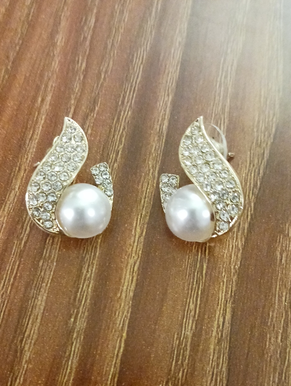 Gold Tone  Pearl and Crystal Stud Earrings - Women Jewelry
